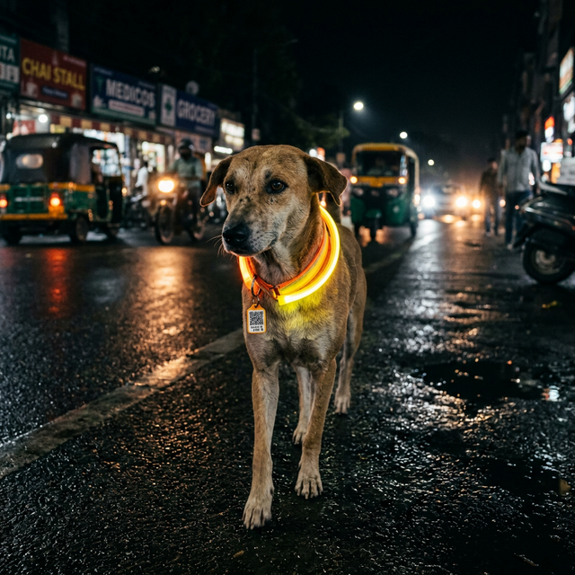 Indian stray dog wearing a reflective QR collar on a city street at night