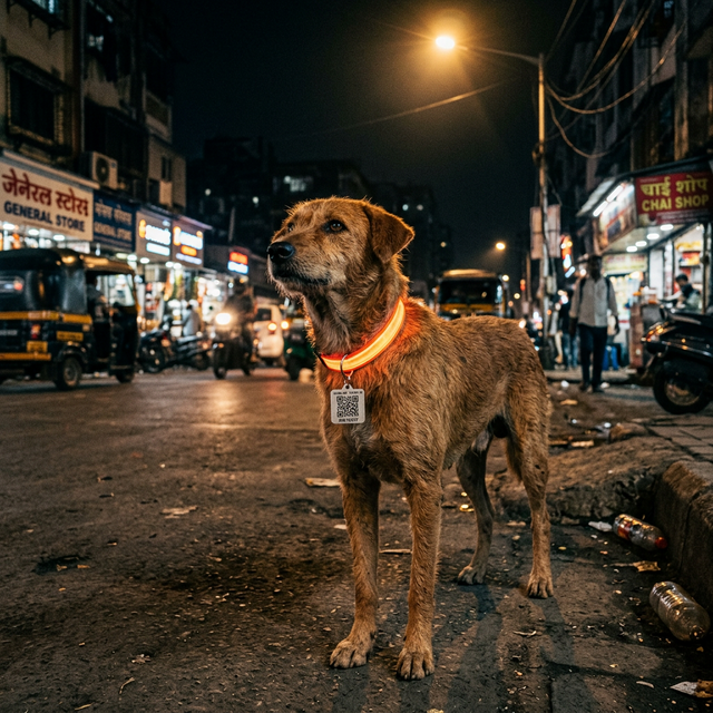 Indian stray dog with QR collar being scanned by field staff